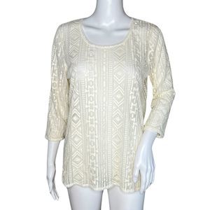 Eddie Bauer Shirt Women Small‎ Cream Sheer Lace Top Embroidered Mesh Feminine